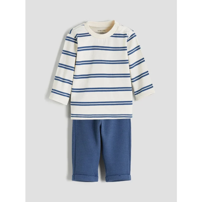 LCW baby Ekru Bisiklet Yaka Çizgili Erkek Bebek Sweatshirt ve Pantolon 2li