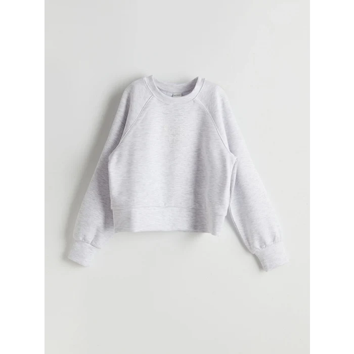 LCW Kids Gri Bisiklet Yaka Baskılı Kız Çocuk Sweatshirt