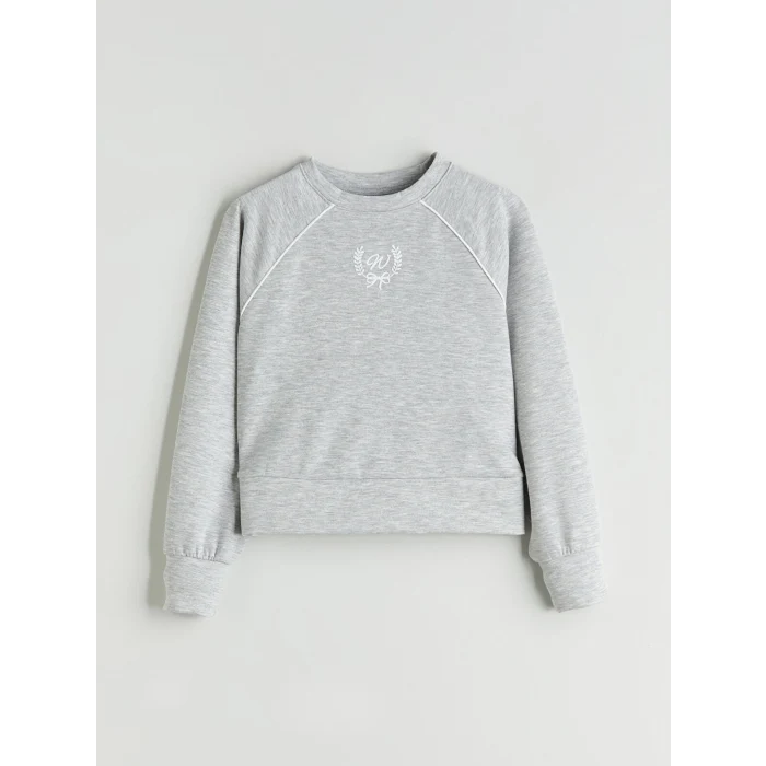 LCW Kids Gri Bisiklet Yaka Baskılı Kız Çocuk Sweatshirt