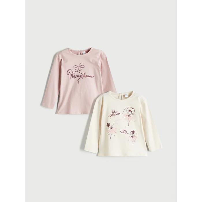 LCW Kids Bej Bisiklet Yaka Baskılı Kız Çocuk Tişört