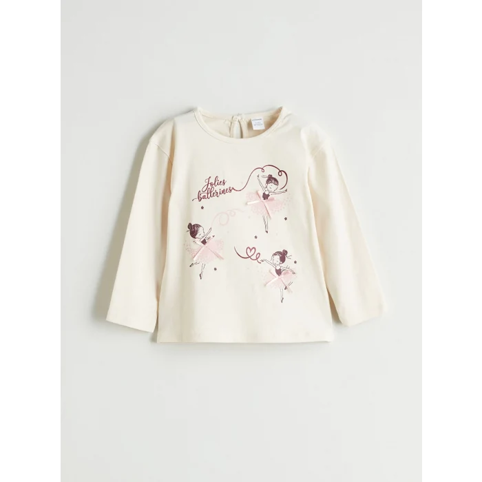 LCW Kids Bej Bisiklet Yaka Baskılı Kız Çocuk Tişört