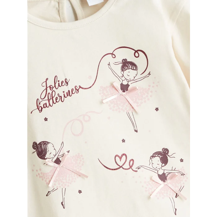 LCW Kids Bej Bisiklet Yaka Baskılı Kız Çocuk Tişört