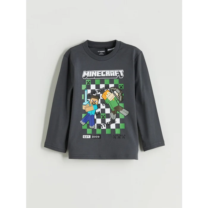LCW Kids Gri Bisiklet Yaka Minecraft Baskılı Erkek Çocuk Tişört 2li