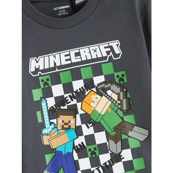 LCW Kids Gri Bisiklet Yaka Minecraft Baskılı Erkek Çocuk Tişört 2li
