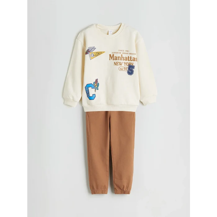 LCW Kids Bej Bisiklet Yaka Erkek Çocuk Sweatshirt ve Eşofman Alt