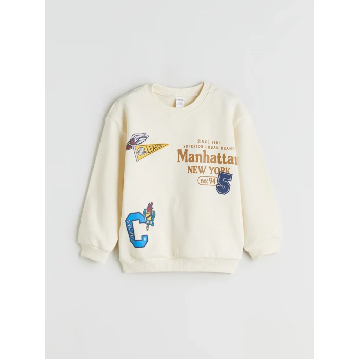 LCW Kids Bej Bisiklet Yaka Erkek Çocuk Sweatshirt ve Eşofman Alt
