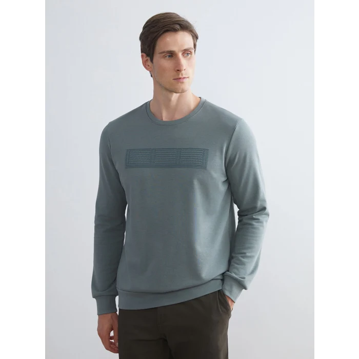 LCWAIKIKI Classic Yeşil Bisiklet Yaka Uzun Kollu Baskılı Erkek Sweatshirt