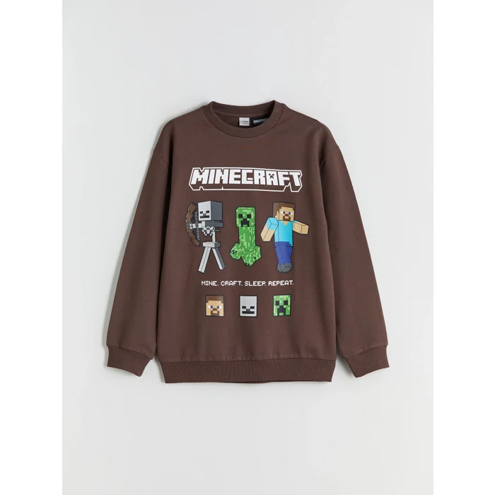 LCW Kids Kahverengi Bisiklet Yaka Minecraft Baskılı Erkek Çocuk Sweatshirt
