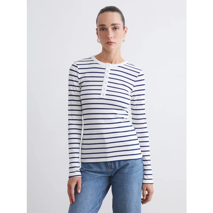 LCWAIKIKI Classic Lacivert Bisiklet Yaka Çizgili Kadın Body