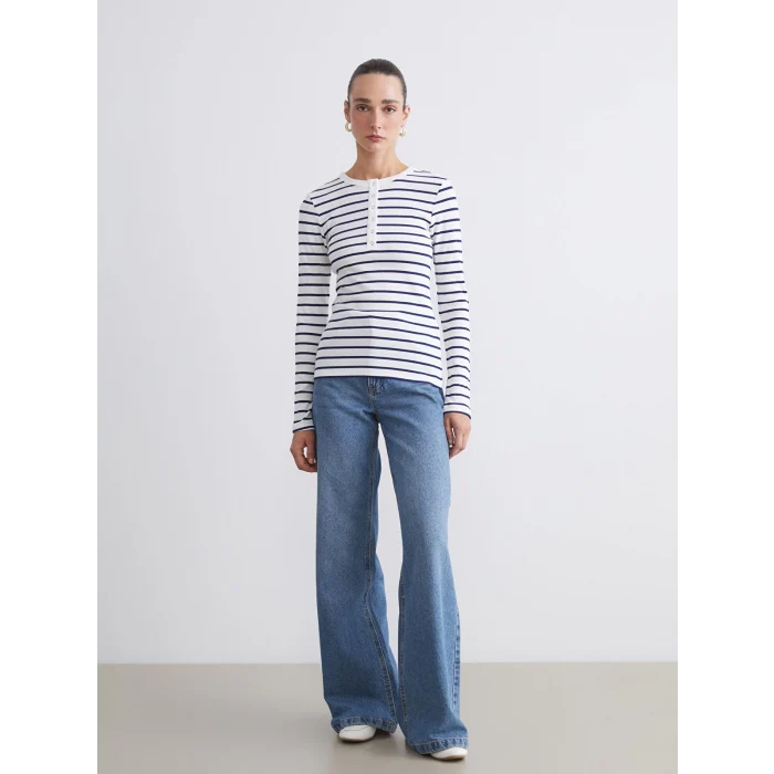 LCWAIKIKI Classic Lacivert Bisiklet Yaka Çizgili Kadın Body