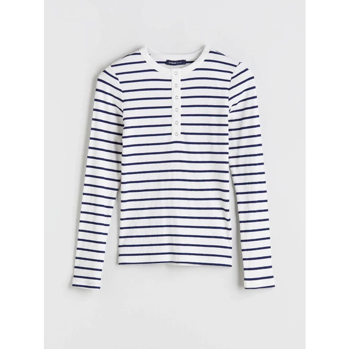 LCWAIKIKI Classic Lacivert Bisiklet Yaka Çizgili Kadın Body