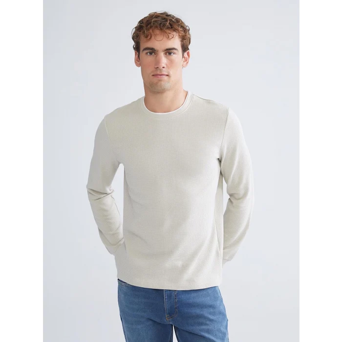 LCWAIKIKI Classic Bej Uzun Kollu Dokulu Erkek Tişört