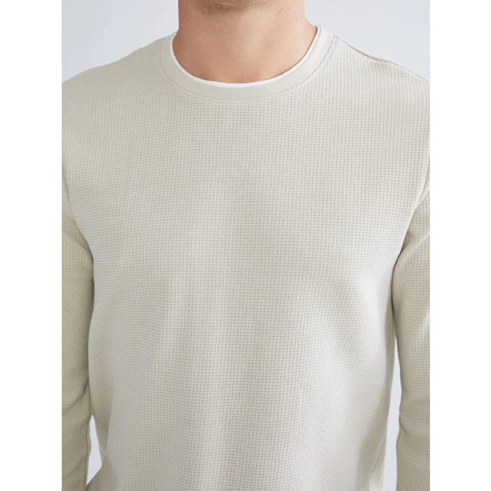 LCWAIKIKI Classic Bej Uzun Kollu Dokulu Erkek Tişört