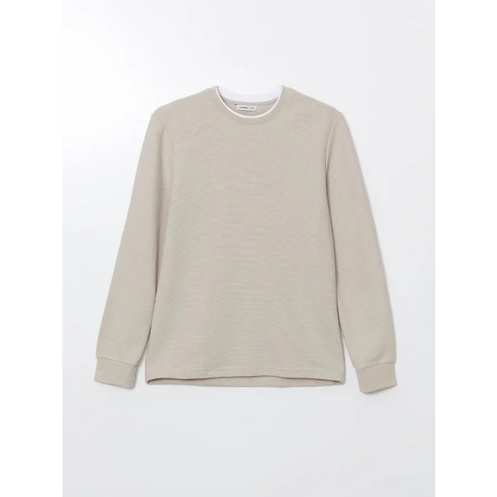 LCWAIKIKI Classic Bej Uzun Kollu Dokulu Erkek Tişört