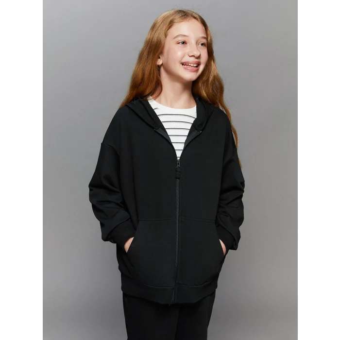 LCW Kids Siyah Kapüşonlu Kız Çocuk Fermuarlı Sweatshirt