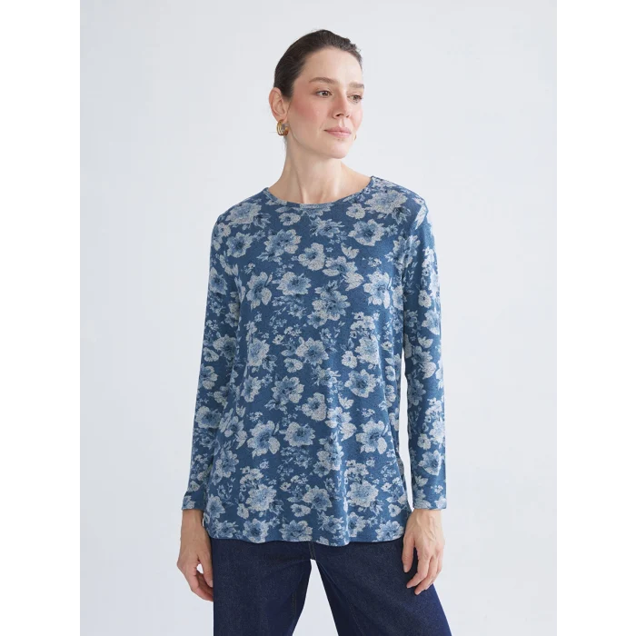 LCW Grace Indigo Bisiklet Yaka Çiçekli Bluz