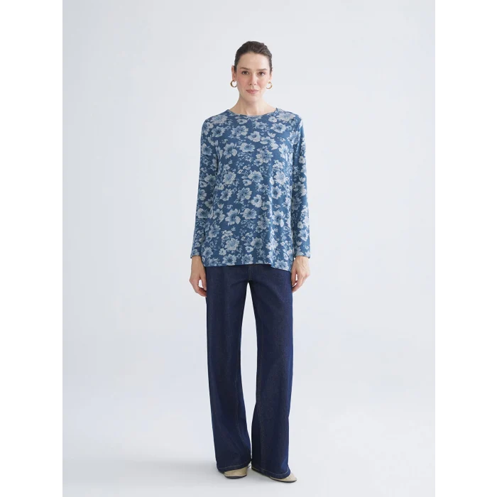 LCW Grace Indigo Bisiklet Yaka Çiçekli Bluz