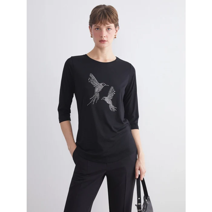 LCWAIKIKI Classic Siyah Bisiklet Yaka Boncuk İşlemeli Kadın Tişört