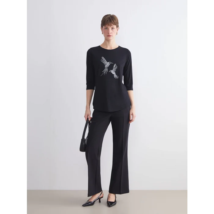 LCWAIKIKI Classic Siyah Bisiklet Yaka Boncuk İşlemeli Kadın Tişört