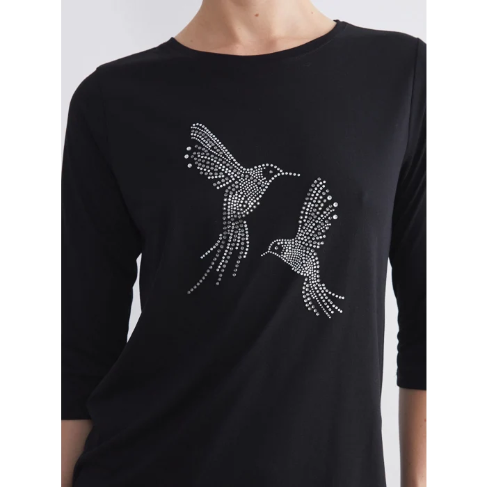 LCWAIKIKI Classic Siyah Bisiklet Yaka Boncuk İşlemeli Kadın Tişört