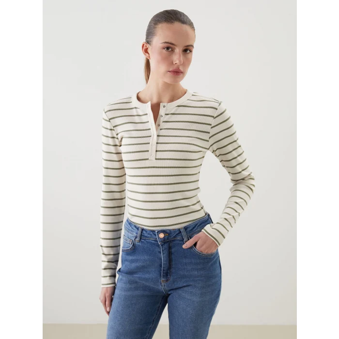 LCWAIKIKI Classic Yeşil Bisiklet Yaka Çizgili Kadın Body