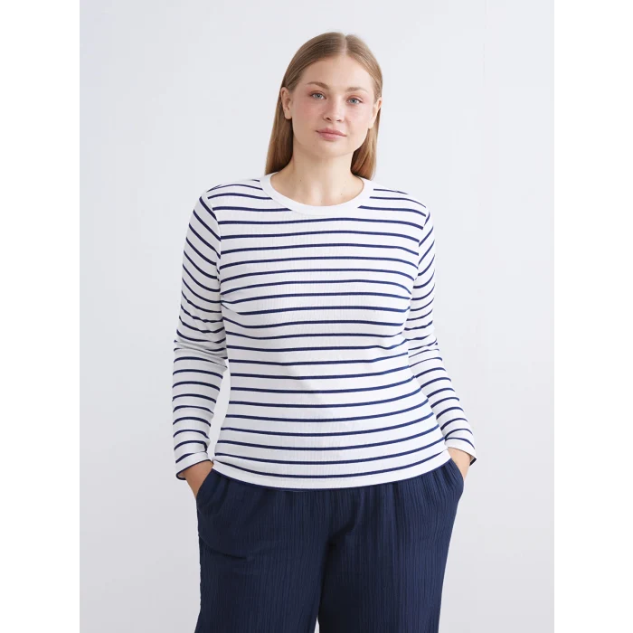 LCWAIKIKI Classic Lacivert Bisiklet Yaka Çizgili Kadın Body