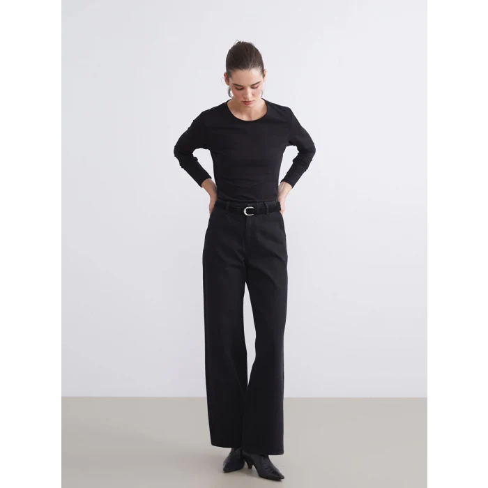 LCW Jeans Siyah Beli Kemerli Wideleg Kadın Jean Pantolon
