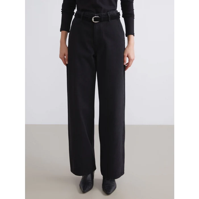 LCW Jeans Siyah Beli Kemerli Wideleg Kadın Jean Pantolon