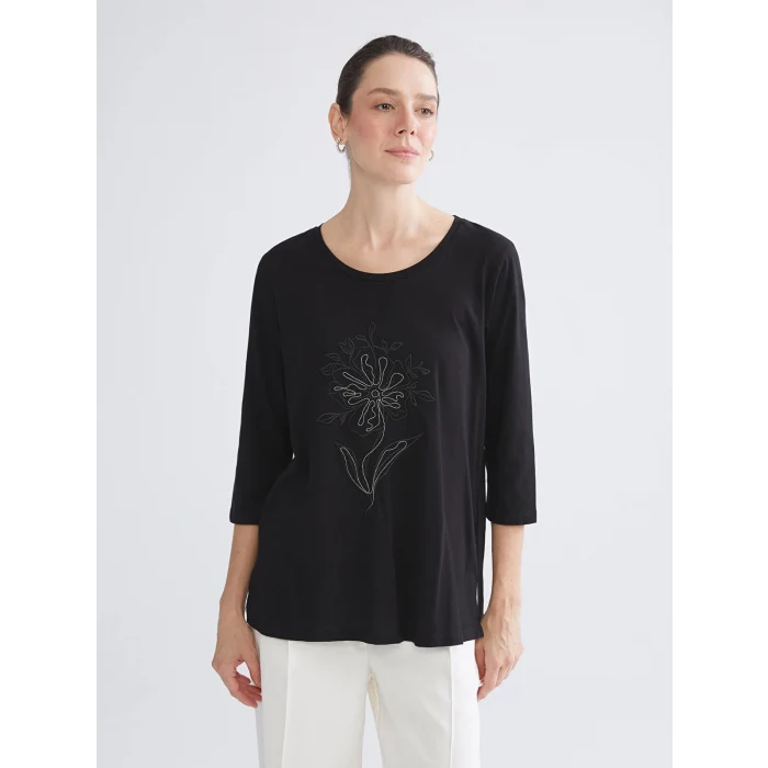 LCW Grace Siyah Bisiklet Yaka Çiçek Nakışlı Bluz