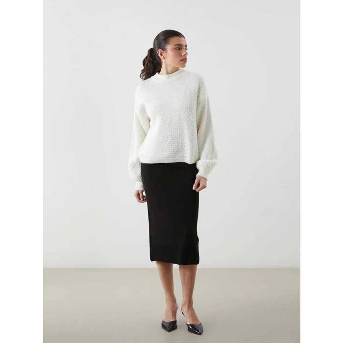 LCWAIKIKI Classic Ekru Bisiklet Yaka Kendinden Desenli Kadın Triko Kazak