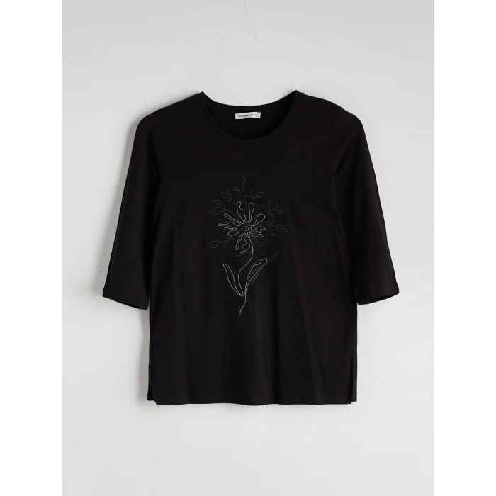 LCW Grace Siyah Bisiklet Yaka Çiçek Nakışlı Bluz