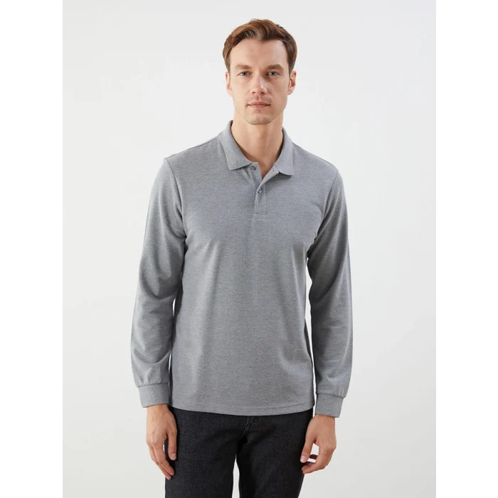 LCWAIKIKI Classic Gri Polo Yaka Uzun Kollu Pike Erkek Tişört