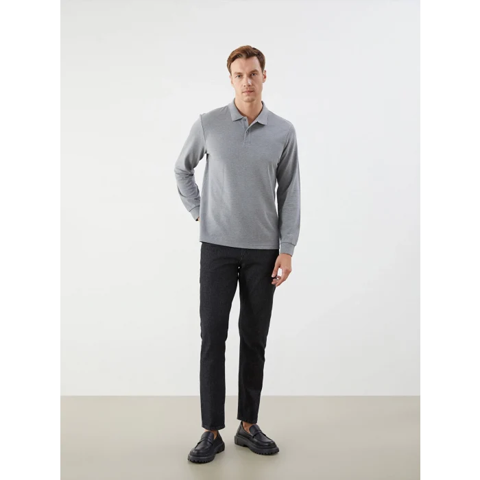 LCWAIKIKI Classic Gri Polo Yaka Uzun Kollu Pike Erkek Tişört