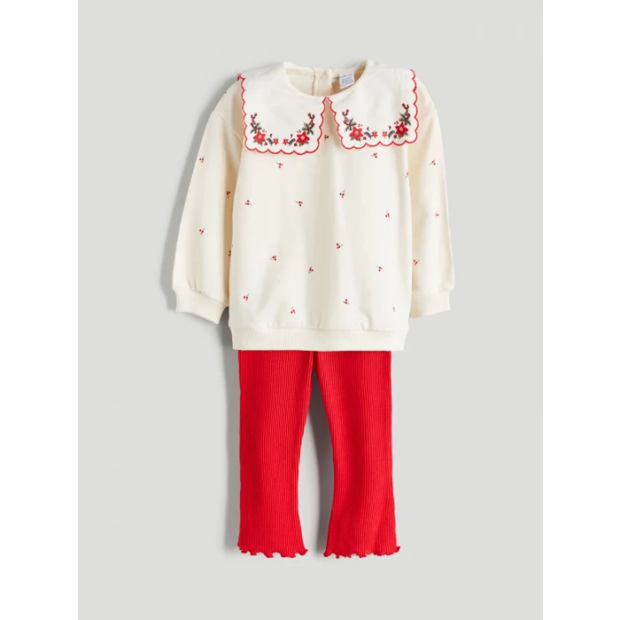 LCW baby Ekru Bebe Yaka Kız Bebek Sweatshirt ve Tayt 2li