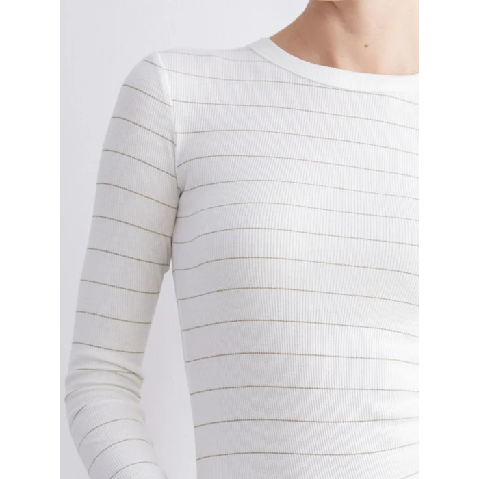 LCWAIKIKI Classic Ekru Bisiklet Yaka Çizgili Kadın Tişört