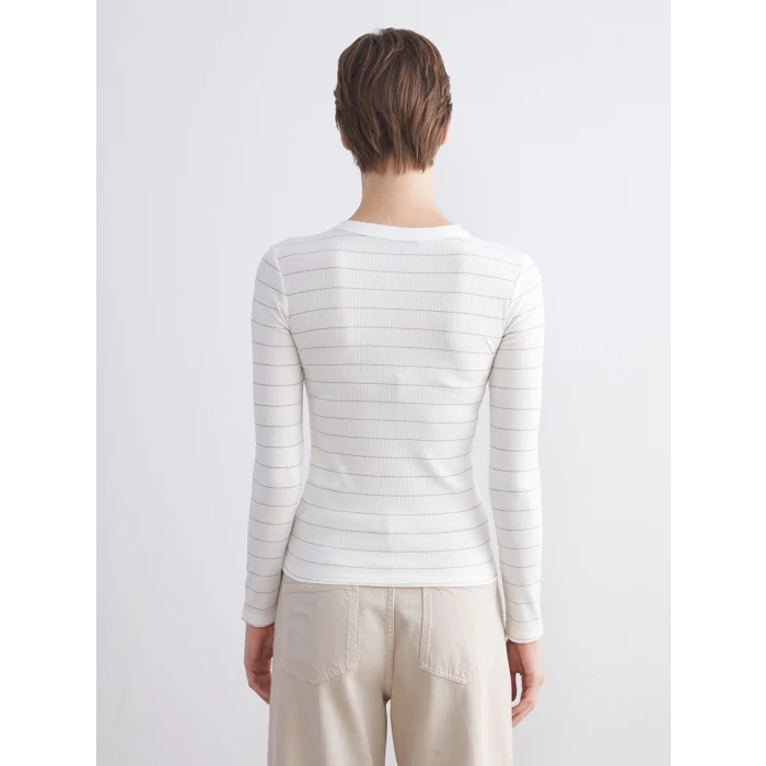 LCWAIKIKI Classic Ekru Bisiklet Yaka Çizgili Kadın Tişört