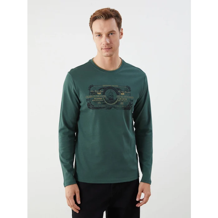 LCWAIKIKI Classic Yeşil Bisiklet Yaka Uzun Kollu Baskılı Erkek Sweatshirt