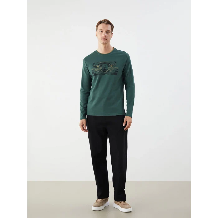 LCWAIKIKI Classic Yeşil Bisiklet Yaka Uzun Kollu Baskılı Erkek Sweatshirt