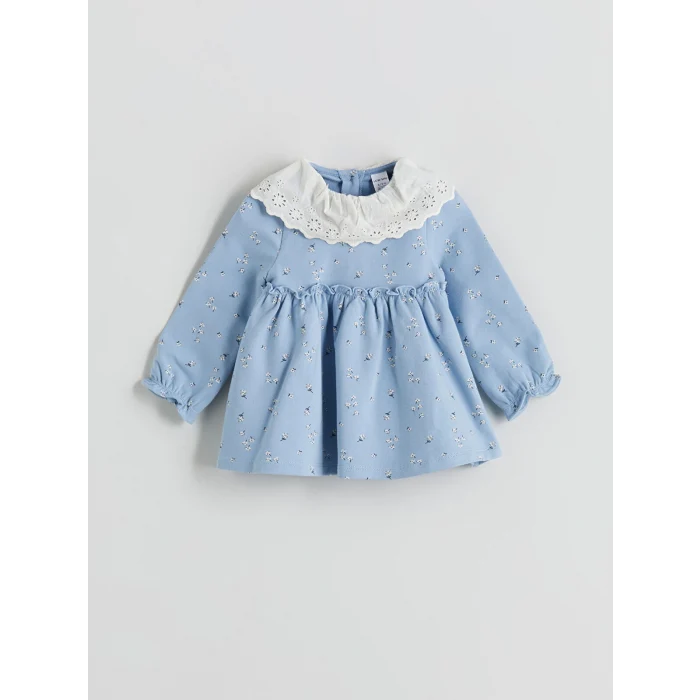 LCW baby Mavi Çiçekli Kız Bebek 2 İplik Elbise