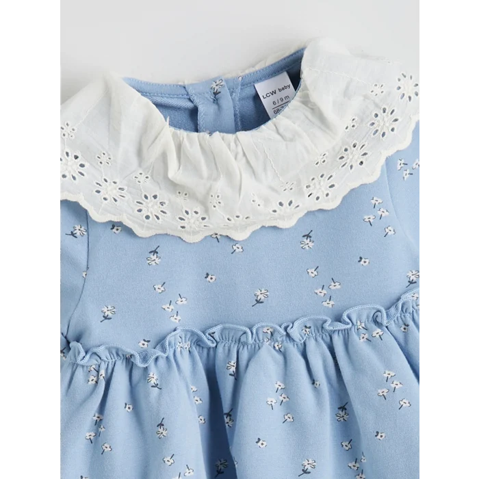 LCW baby Mavi Çiçekli Kız Bebek 2 İplik Elbise