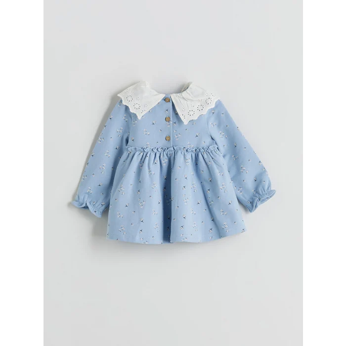 LCW baby Mavi Çiçekli Kız Bebek 2 İplik Elbise