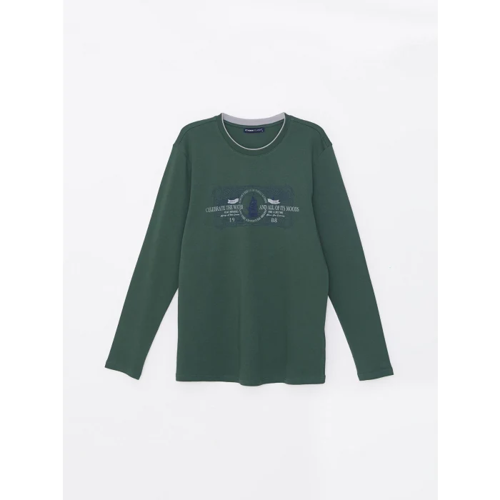 LCWAIKIKI Classic Yeşil Bisiklet Yaka Uzun Kollu Baskılı Erkek Sweatshirt