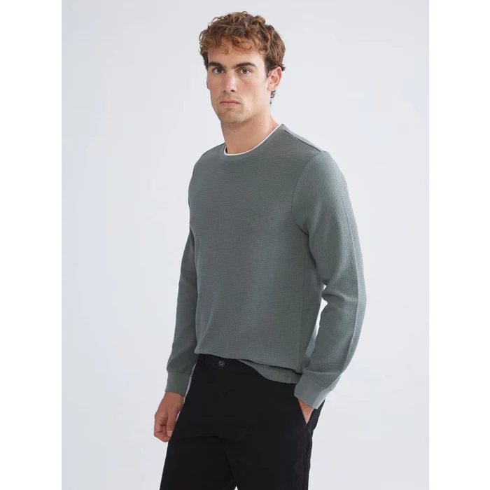 LCWAIKIKI Classic Gri Uzun Kollu Dokulu Erkek Tişört