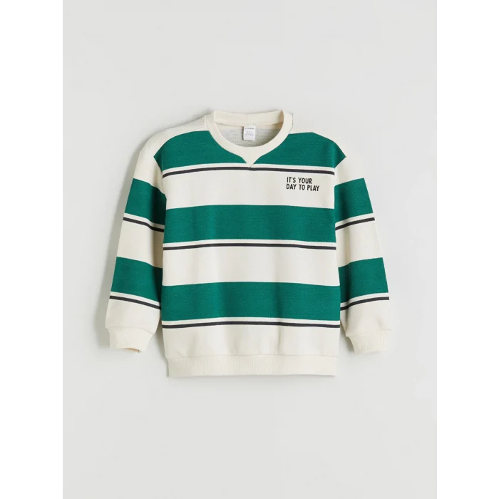 LCW Kids Bej Bisiklet Yaka Çizgili Erkek Çocuk Sweatshirt