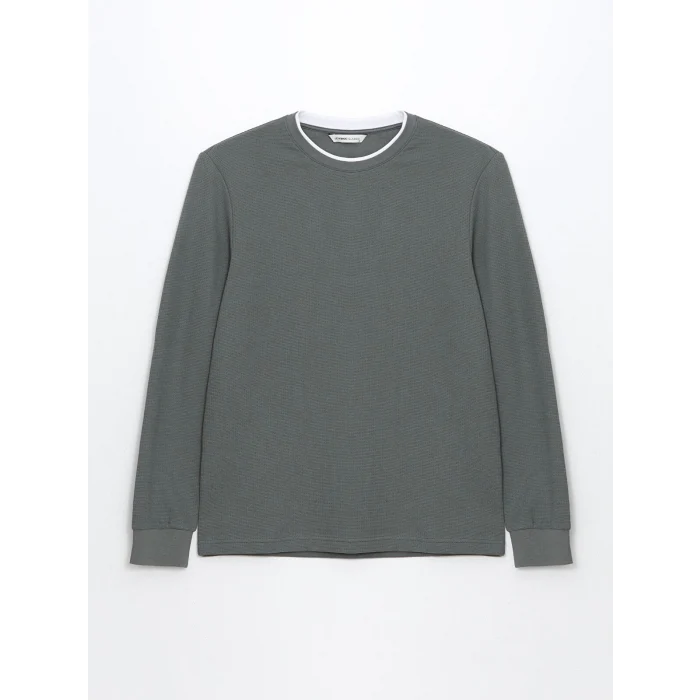 LCWAIKIKI Classic Gri Uzun Kollu Dokulu Erkek Tişört