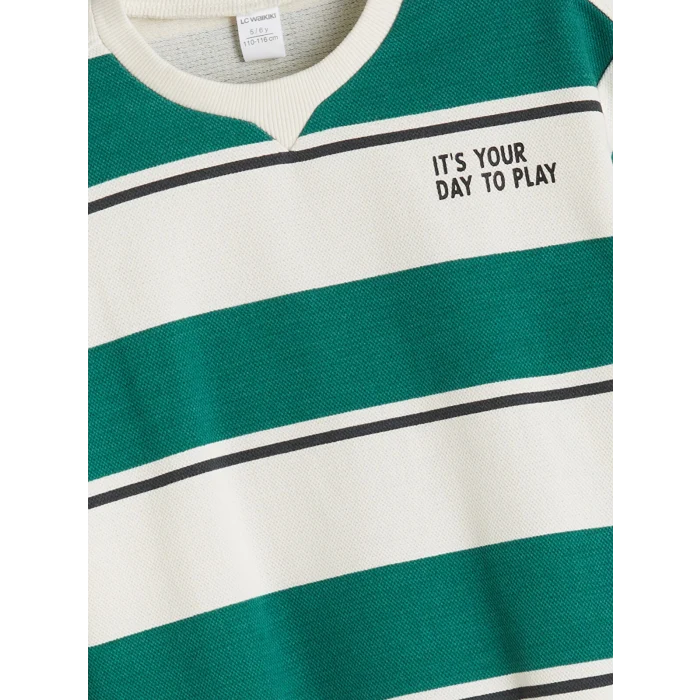 LCW Kids Bej Bisiklet Yaka Çizgili Erkek Çocuk Sweatshirt