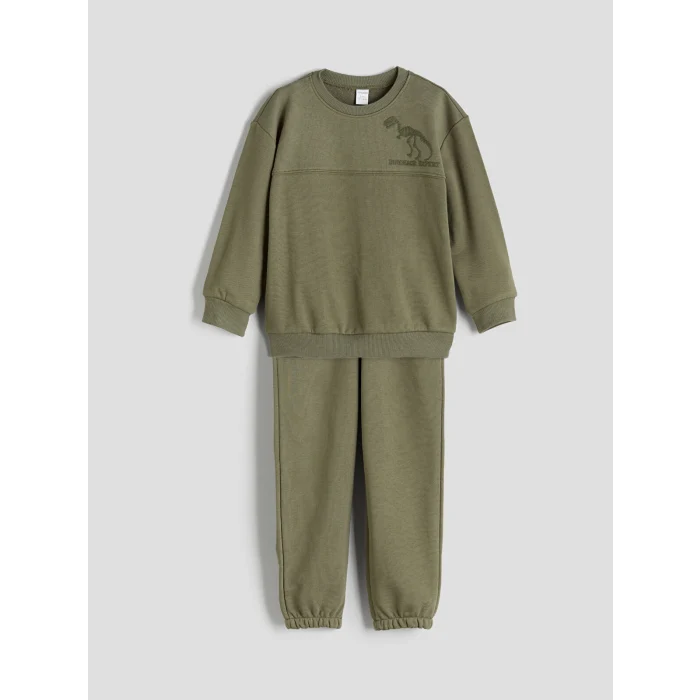 LCW Kids Haki Bisiklet Yaka Dinozor Baskılı Erkek Çocuk Sweatshirt ve Eşofman Altı 2li Takım