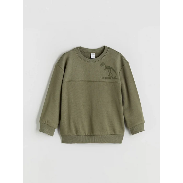 LCW Kids Haki Bisiklet Yaka Dinozor Baskılı Erkek Çocuk Sweatshirt ve Eşofman Altı 2li Takım