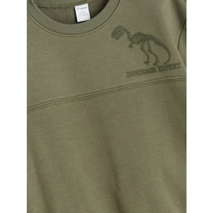 LCW Kids Haki Bisiklet Yaka Dinozor Baskılı Erkek Çocuk Sweatshirt ve Eşofman Altı 2li Takım