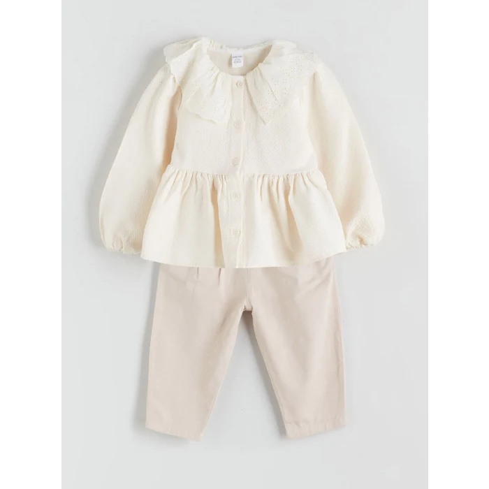 LCW baby Bej Bebe Yaka Kız Bebek Bluz ve Pantolon 2li Takım